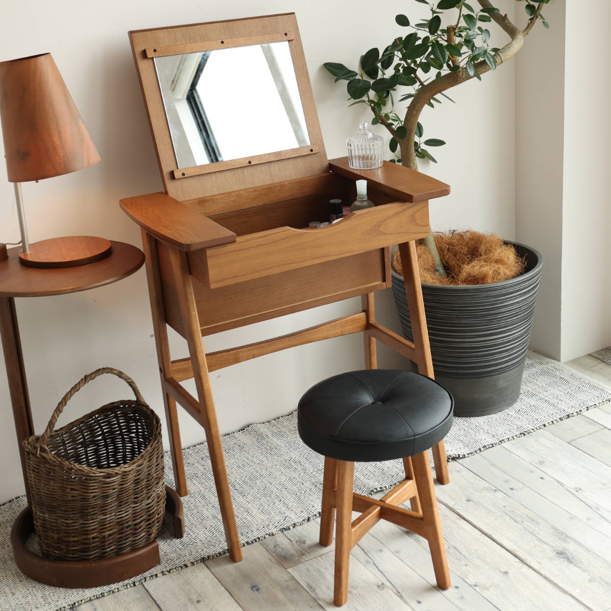ドレッサー コンパクト デスク スツール付き 幅62cm OAKER メイク台 2WAY 机 スツール セット ミラー 鏡 鏡台 収納 化粧台 おしゃれ 木目調 北欧風 ヴィンテージ調