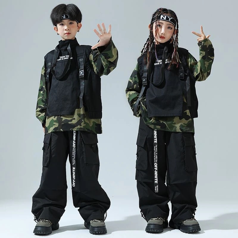 ストリートダンス少潮服迷彩tシャツ女の子ダンス工装ズボンセット男の子Bboy表演出服1572
