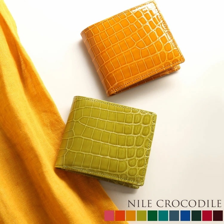 クロコダイル 二つ 折り財布 日本製 シャイニング 加工 一枚革 センター取り 小銭入れ付き JRA 桐箱付き 本革 鰐革 レディース 財布 母の日 ギフト プレゼント 4FA (06001740r)