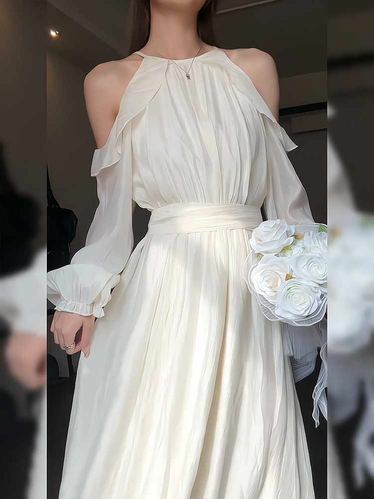 ストラップレス吊りネックホルタードレスホワイト長袖ドレス子供秋2023秋新作ドレープロングドレス