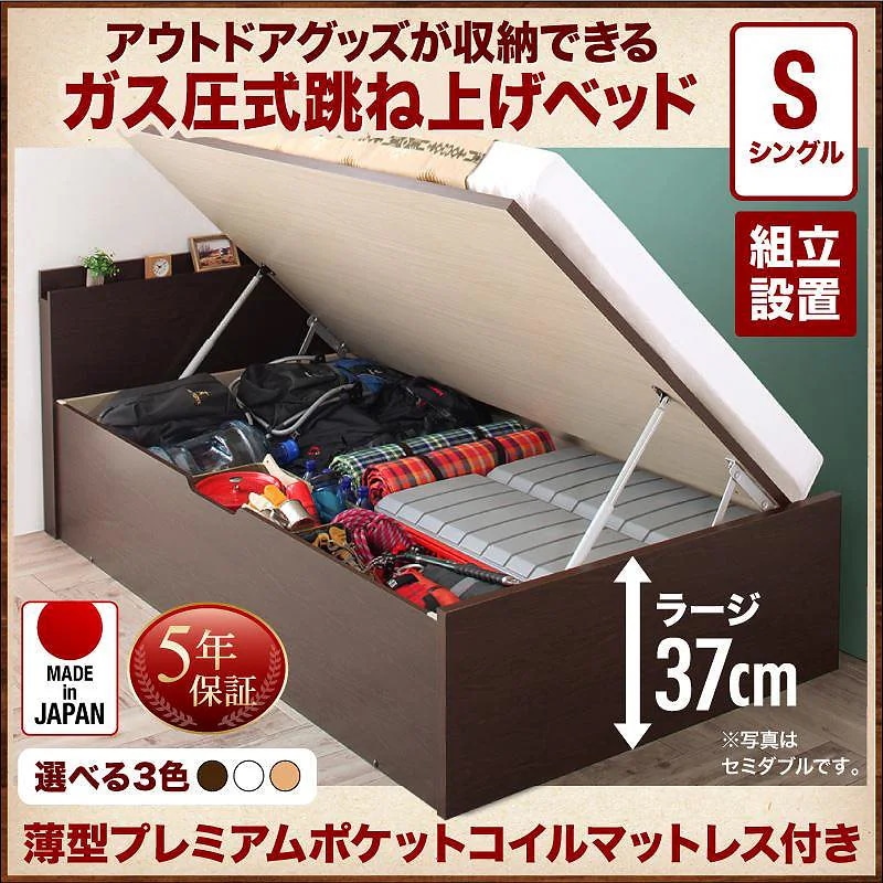 [組立設置付]アウトドア収納跳ね上げベッド [マッターホルン] [薄型プレミアムポケットコイルマットレス付き] シングル 深さラージ [フレーム色]ダークブラウン