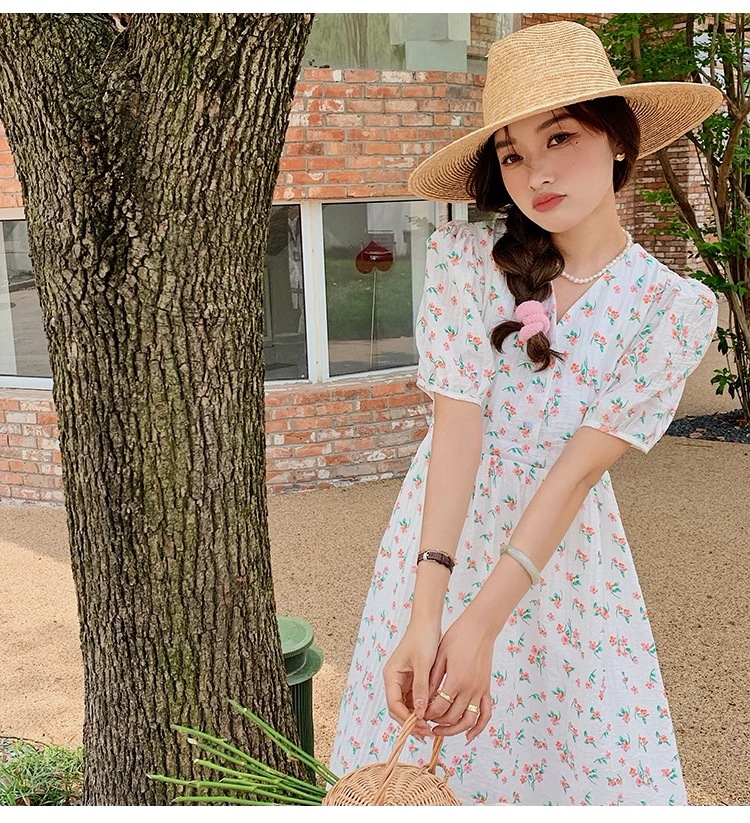夏 小花柄 ハイウエスト 薄手 ネクタイ パフスリーブ ドレス 個性的 ワンピース 膝下 袖あり 半袖 Vネック 襟なし かわいい 大人可愛い おしゃれ お洒落 ラブリー キュート ガーリー 柄 花柄