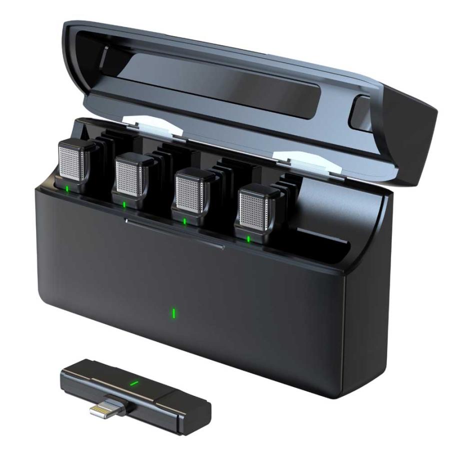 ピンマイク4個セット充電式ケース付き プラグ＆プレイ 8Pin ポート iPhone 外付け ノイズキャンセリング ワイヤレスマイク【8Pinデバイス用】