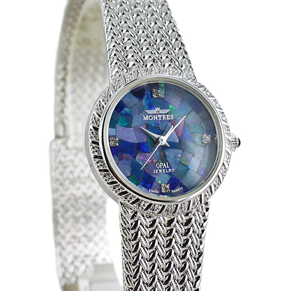 モントレス 腕時計 手表 レディース 大人 エレガント 天然石 オパール 文字盤 青 ステンレス シルバー ブレスレット 時計 小さめ 彼女 妻 母親 祖母 叔母 プレゼント お祝い 結婚式 誕生日