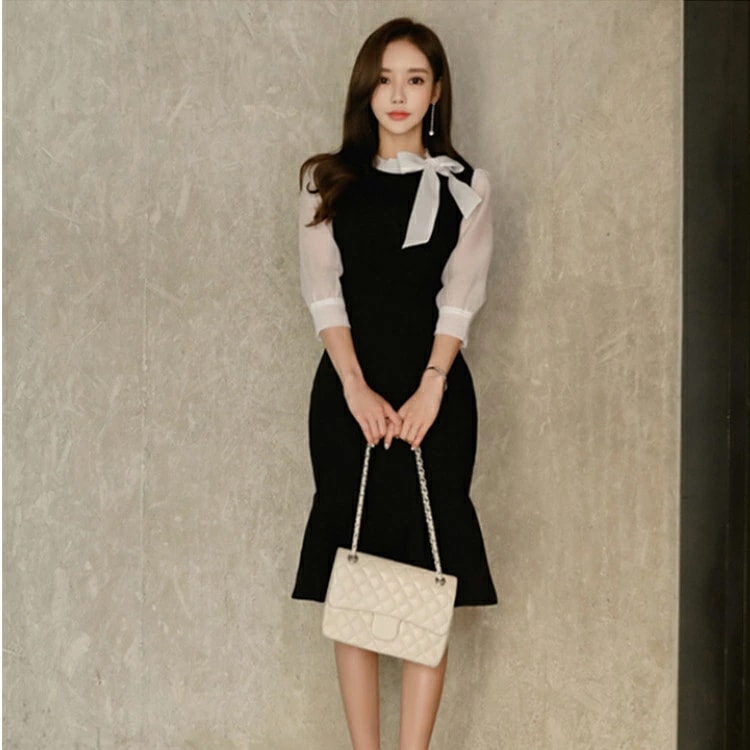 切り替え ワンピース レディース フォーマルドレス ボウタイ リボン チュール袖 7分袖 ワンピース ラウンドネック クールネックワンピ セクシー ワンピース 蝶結び マーメイド フレア裾 ミディアム 4,869円