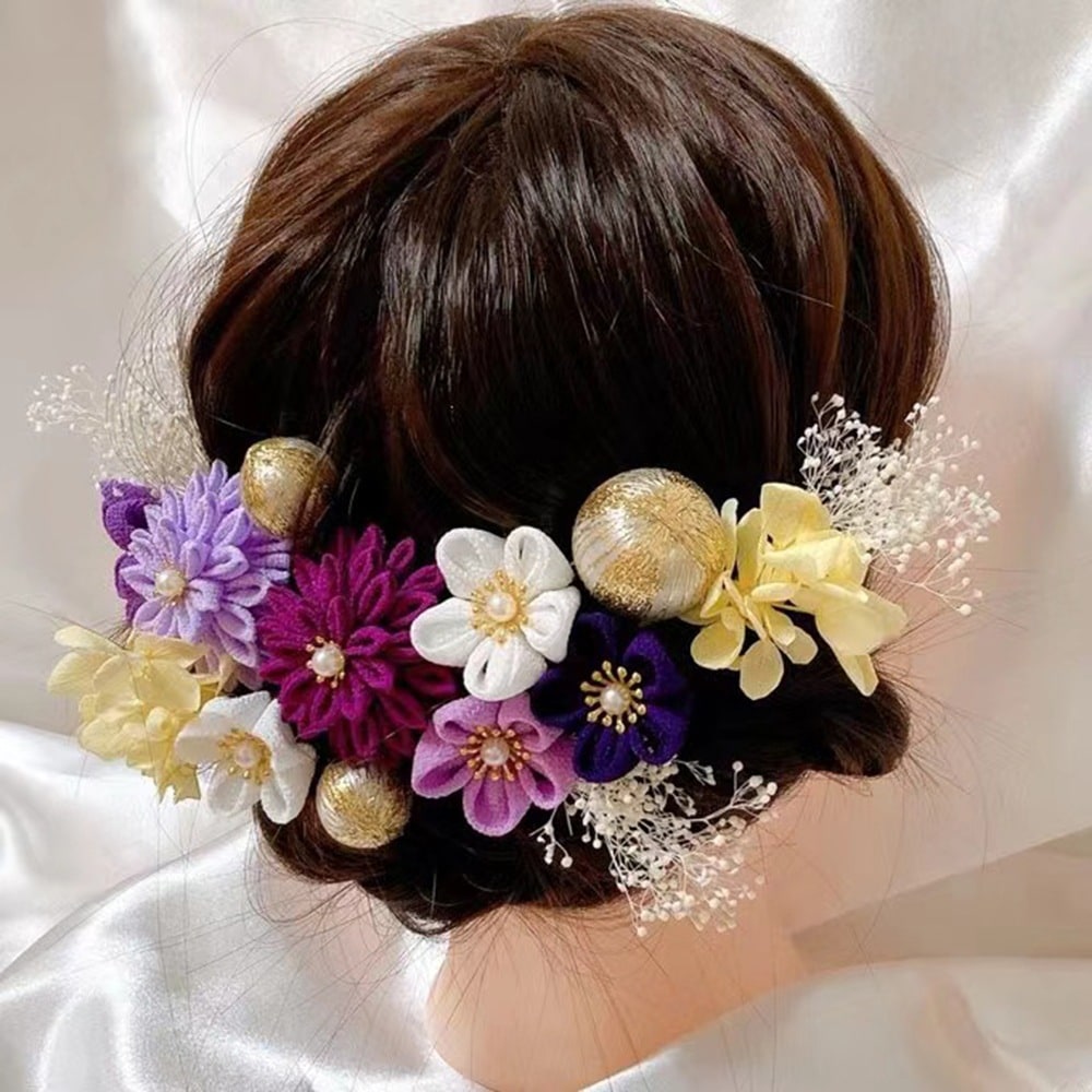 蘭の頭飾り 着物 髪飾り 和風ちりめん房 フリンジ 花かんざし 紫