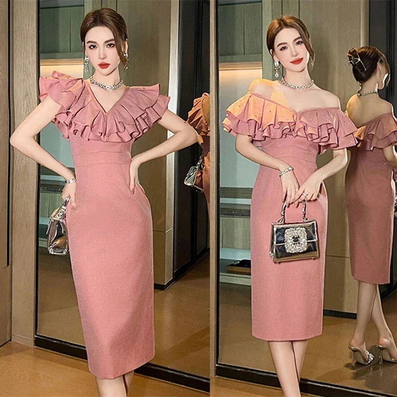 誕生日 結婚式 二次会 卒業式 着痩せ 演奏会 披露宴 フリル オフショルダー パーティー ウェディング ドレス 同窓会 2024夏新品 キャバ 2way ワンピース 大人