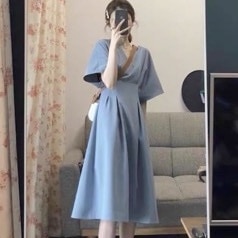 ワンピース フレアワンピース 膝丈 ひざ丈 膝下 袖あり 半袖 フレア Aライン ハイウエスト プルオーバー かわいい 大人可愛い きれいめ シンプル カジュアル 上品 おしゃれ お洒落 無地 夏