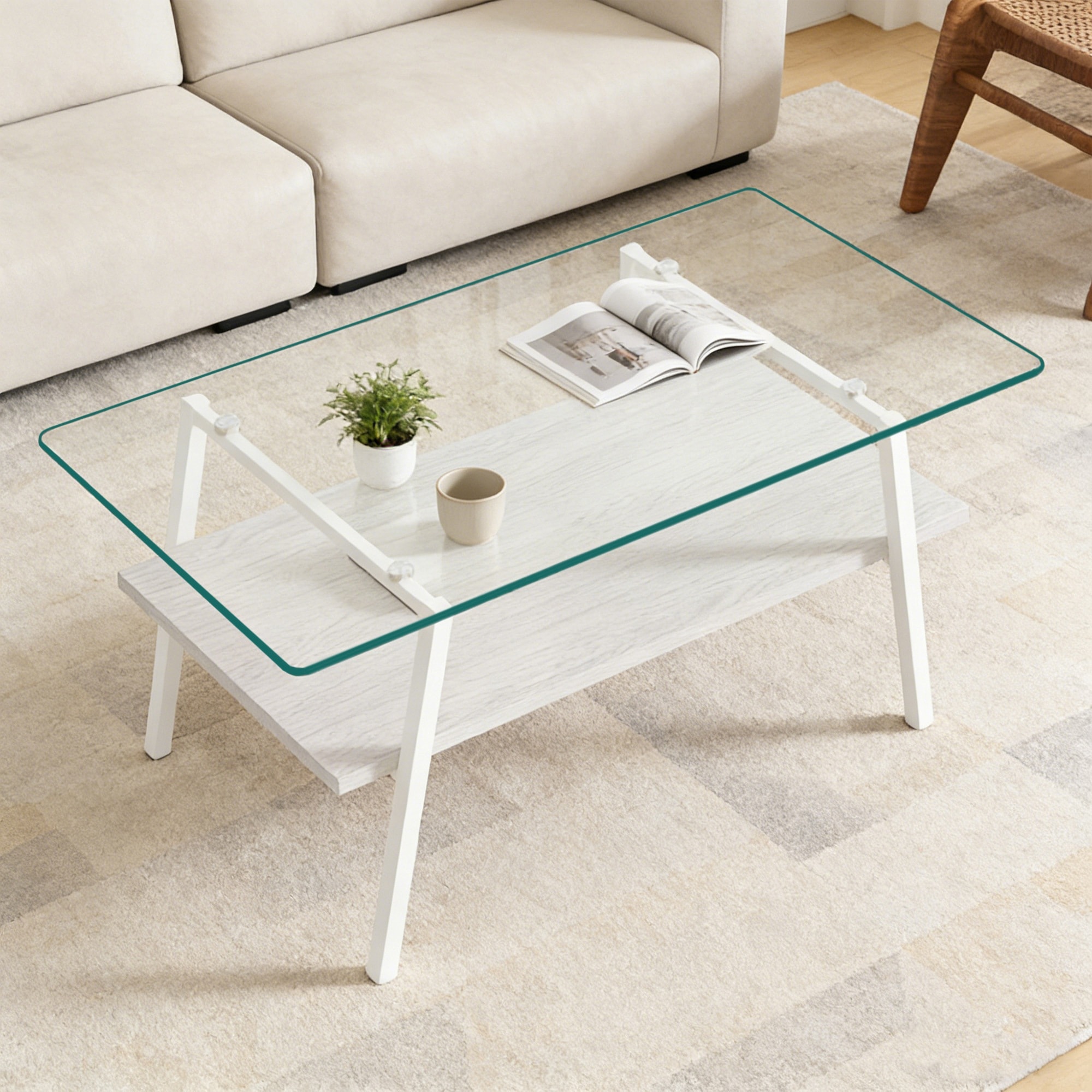 【国内発送】1044モダン長方形コーヒーテーブル 強化ガラス天板+MDF収納棚 リビング用 クリアガラス+ホワイト脚