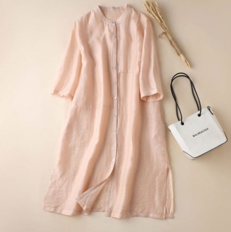 トップス シャツ 袖あり かわいい 大人可愛い きれいめ シンプル カジュアル 大人 上品 おしゃれ スタンドカラー 7分袖 スリット 薄手 シャツワンピ 無地 春夏 羽織 ミドル丈 オレンジ ピンク