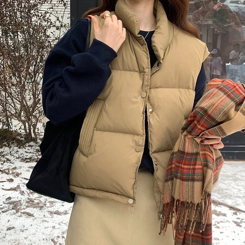 レディースブラウンスタンドカラーダウンベスト冬韓国風万能ノースリーブベストジャケット