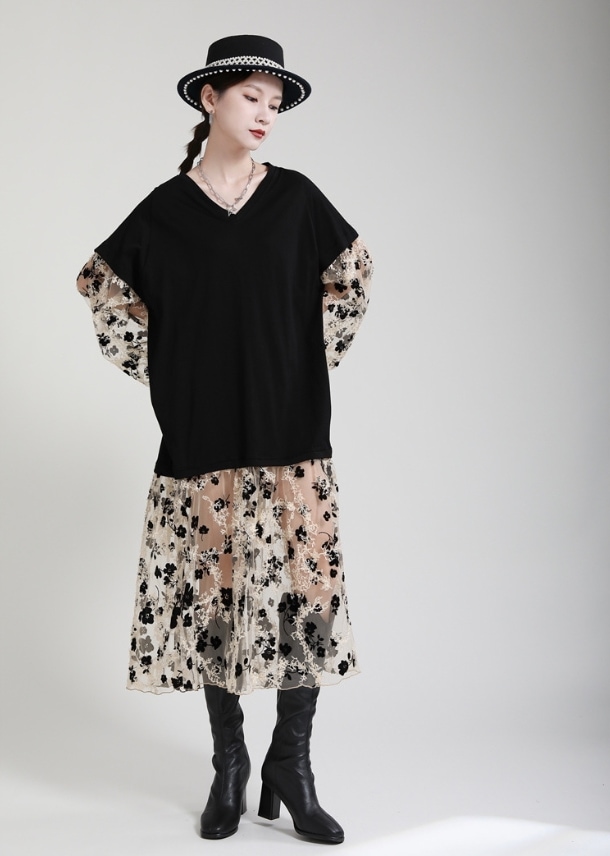 ワンピース シアー Vネック ボリュームスリーブ 花柄 シースルー ロング レース 長袖 ミドル丈 異素材MIX 春秋 モード TKOR0011