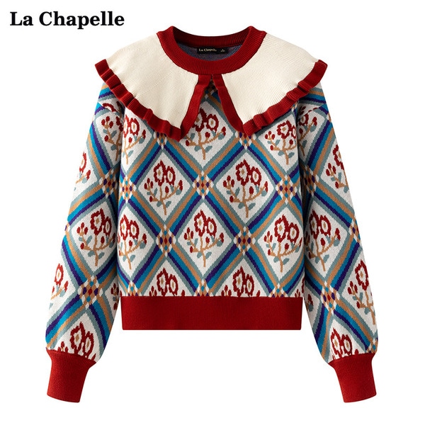 ラ・シャペル/La Chapelle レトロプリントドールカラーダイヤモンドセーター レディース スモールトップジャケット 春