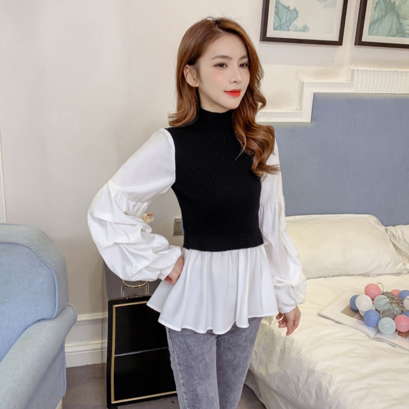 トップス ブラウス カットソー ニットソー 袖あり 長袖 ボリューム袖 パフスリーブ フレア Aライン 切り替えデザイン ドッキング ふわふわ ニット 薄手 異素材MIX かわいい 大人可愛い