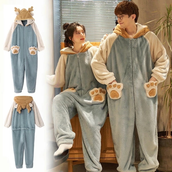 ルームウェア カップル もこもこ パジャマ ペア 着ぐるみ 動物着ぐるみ トナカイ耳 耳付き レディース メンズ ふわふわ 大人用 長袖 ゆったり 柔らかい 暖かい 防寒 秋冬 部屋着 寝巻き コス