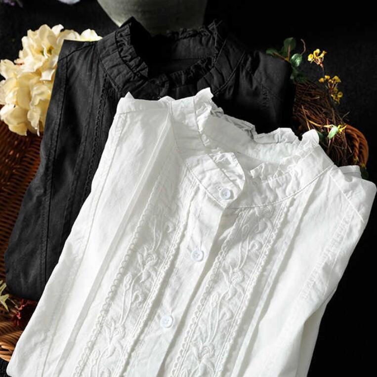 シャシャツ ブラウス レディース 春 夏 秋 長袖 前開き シャツブラウス フリル襟 綿混 レース シャツブラウス コットン スタンドカラー 通勤