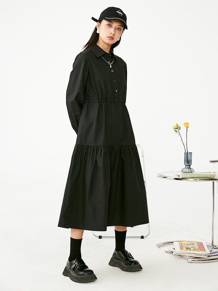 レトロロングスリムブラックシャツドレス