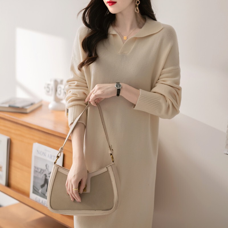 ワンピース ロング ロング丈 マキシ マキシ丈 袖あり 長袖 Vネック 襟付き Iライン ニット かわいい 大人可愛い おしゃれ お洒落 かっこいい 大人女子 こなれ感 ラフ ラブリー キュート