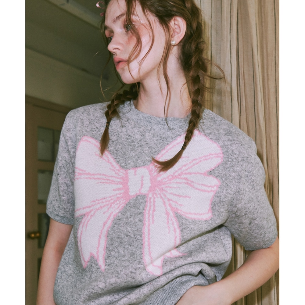 ロンロンリボンイタリアコットンショートニットライトグレー 8,216円