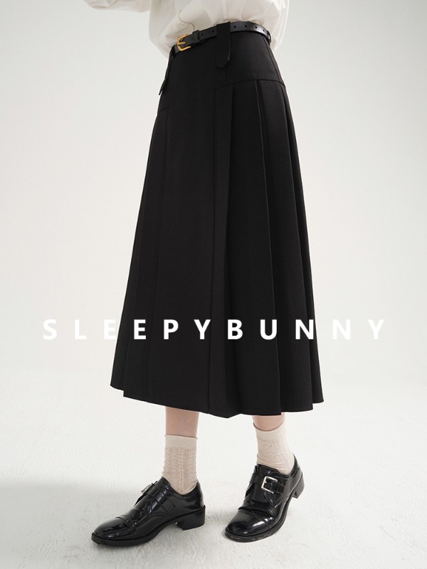 スリーピーラビットのブラックウエストプリーツスカート春と秋通勤万能な気質カジュアルスリムミドル丈Aラインスカート 4,966円