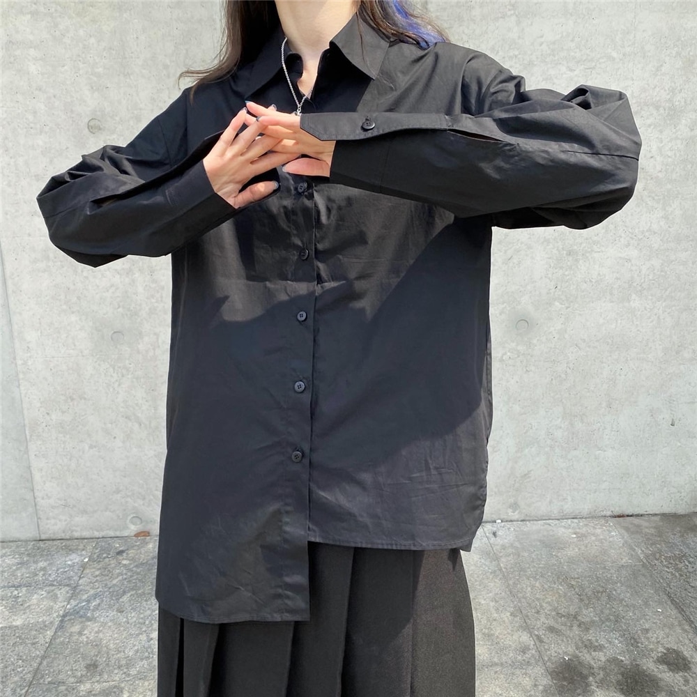 レディース長袖シャツ春の新しいパーソナリティファッション不規則なシャツブラックシンプルな女性のトレンドカジュアルシャツ長袖レディースシャツ多目的カジュアル