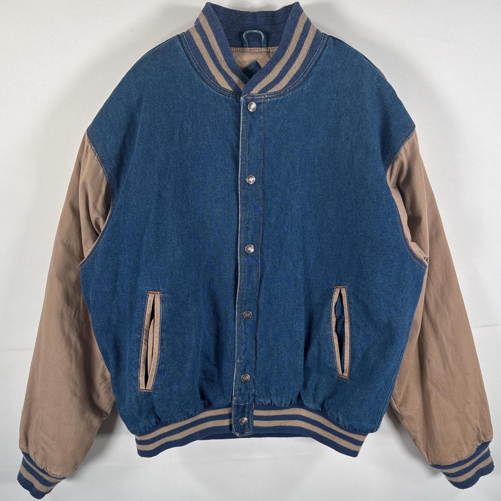 古着 Tri・Mountain デニム スタジャン ボーダーリブ バックデザイン刺繍 キルティングライナー L インディゴブルー ブラウン系 メンズ