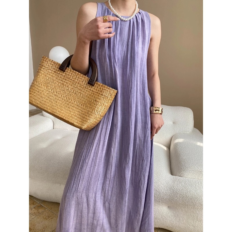【送.料.無.料.急速発送】リネン丸首プリーツスリーブなしA字タンクトップワンピース