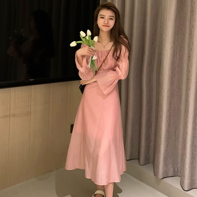 ワンピース デート ロング丈 袖あり 長袖 キャンディースリーブ スクエアネック セミフレア Iライン プリーツ ウエストリボン かわいい きれいめ シンプル 上品 おしゃれ 大人女子 ラブリー