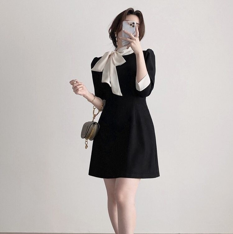 ワンピース ひざ上 スカーフ ホワイト ブラック2 色 バイカラー Aライン ショート丈 シック