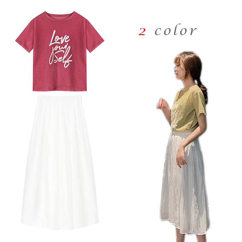 半袖Tシャツ マキシ丈スカート ２点セット レディース 夏物 セットアップ 大きいサイズ 体型カバー 女性用 ロングスカート ウエストゴム