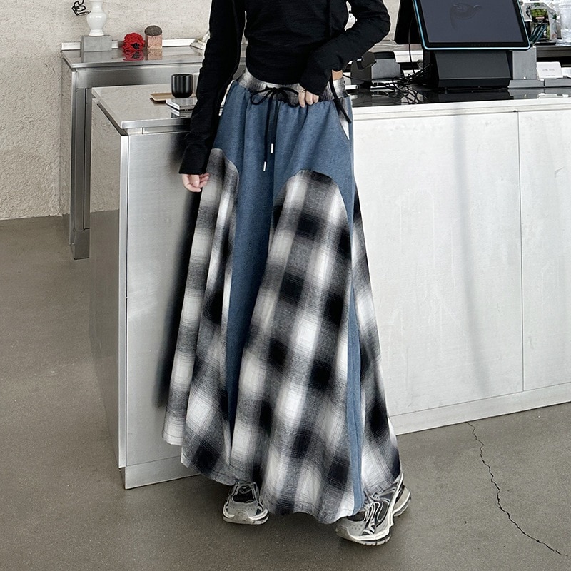 【J.Fashion】 デニムドッキング チェック柄 スカート おしゃれ 個性的なデザイン レディース ゴム ハイウエスト ロングスカート メガ割