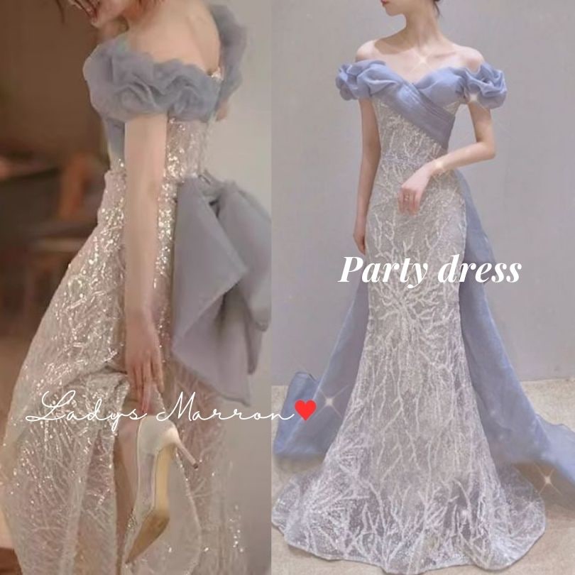 6月の新製品夏の新着商品 ロングドレス イブニングドレス マーメイドドレス オフショルダードレス オフショルドレス フリルドレス パーティードレス 結婚式ドレス ブライダルドレス バックリボン ブルー 7,279円