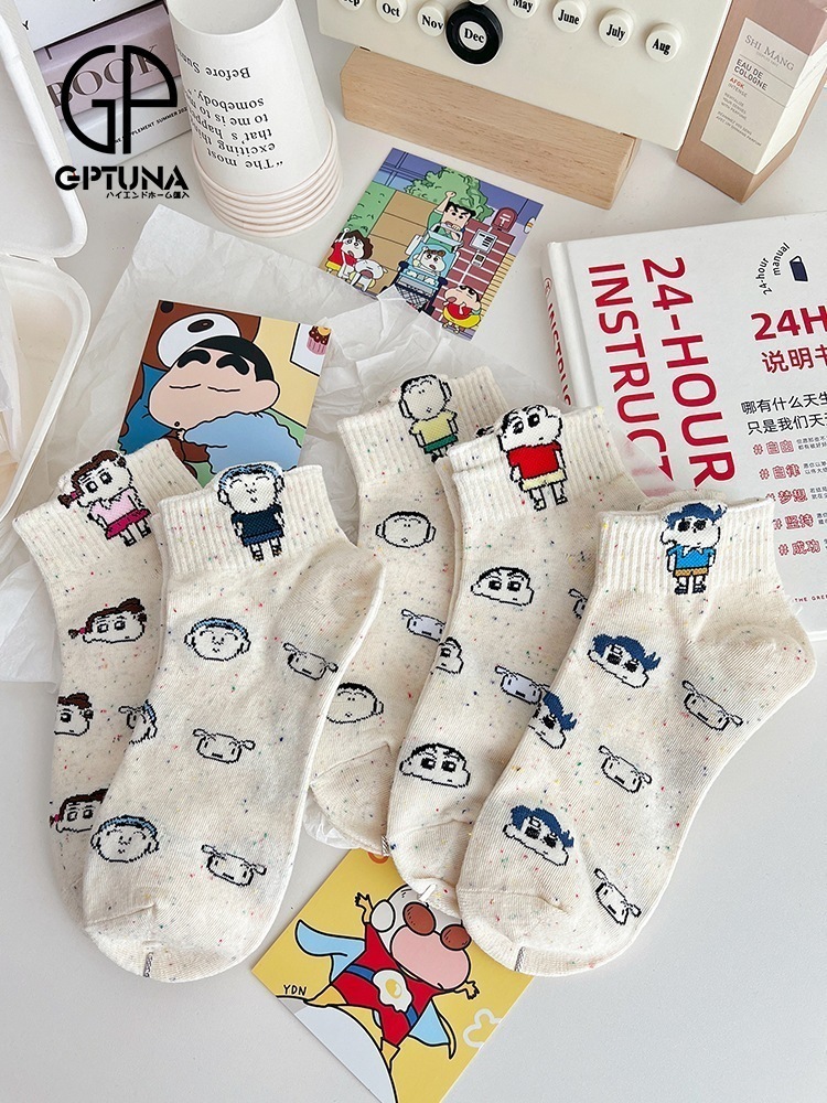 日本gpかわいい漫画ショートソックス女性用純綿春夏薄手カレッジスタイルクレヨンしんちゃんミッドふくらはぎソックスアイデア糸