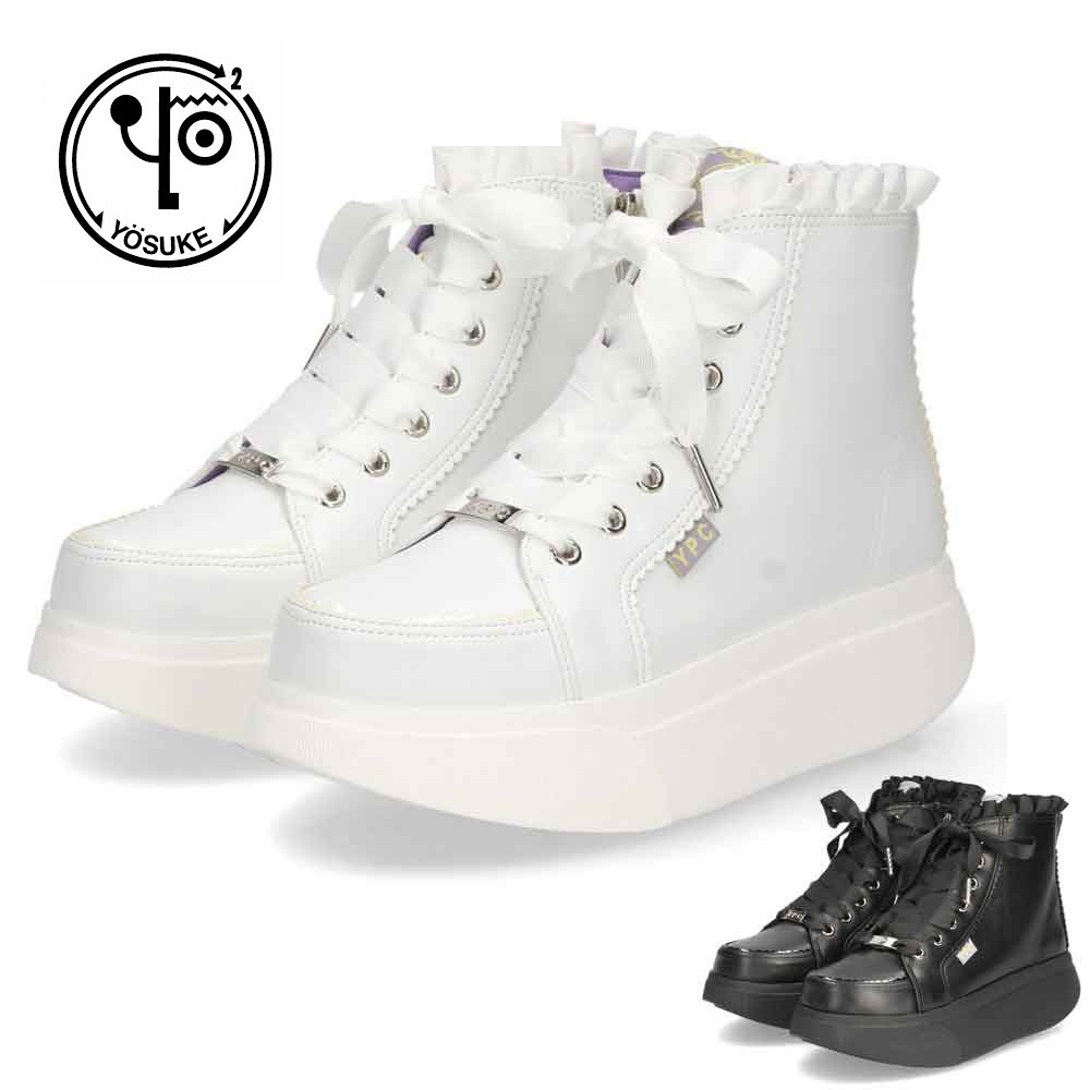 ヨースケ YOSUKE レディース 厚底スニーカー 3E 幅広 4450062 ホワイト ブラック 靴 5cm レースアップ フリル サテンリボン サイドジップ