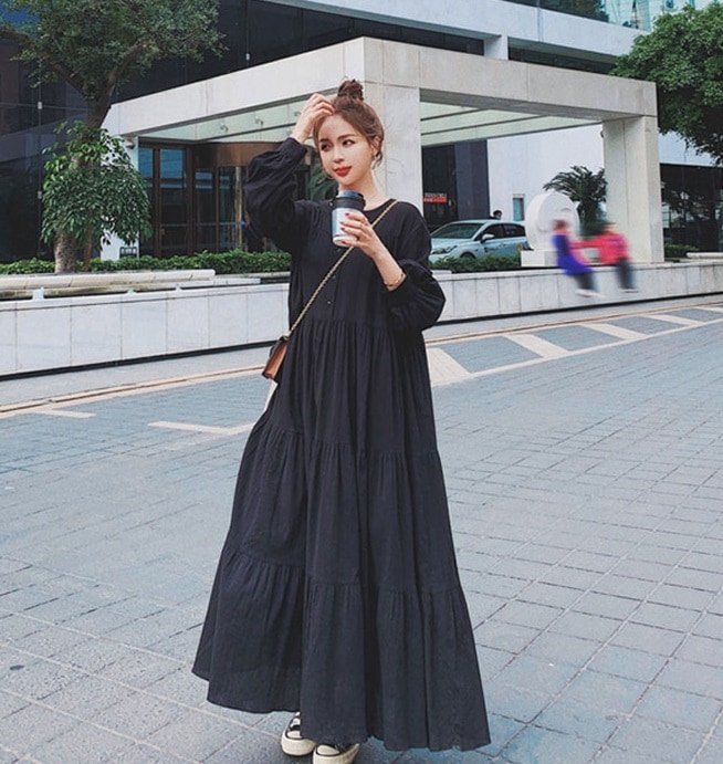 ワンピース ティアードワンピース ロング丈 袖あり 長袖 ラウンドネック Aライン かわいい 大人可愛い きれいめ シンプル カジュアル おしゃれ 大人可愛い 大人女子 こなれ感 ラフ ラブリー