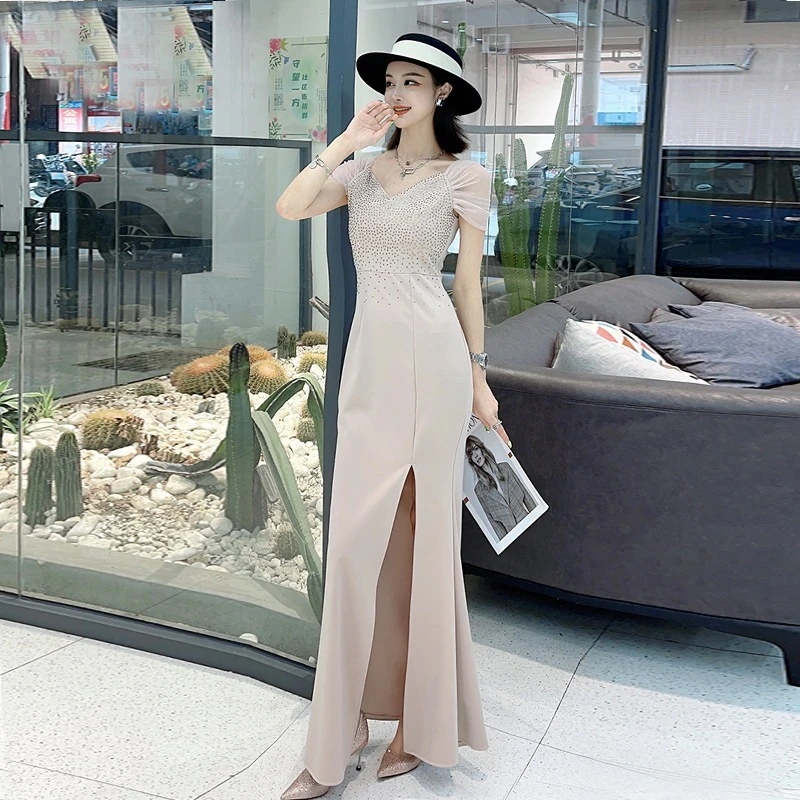 ウェディング トーストドレス スリット セクシー イブニングドレス ホスト バンケット スリムドレス フィッシュテール ダイヤモンド気質 ロングドレス