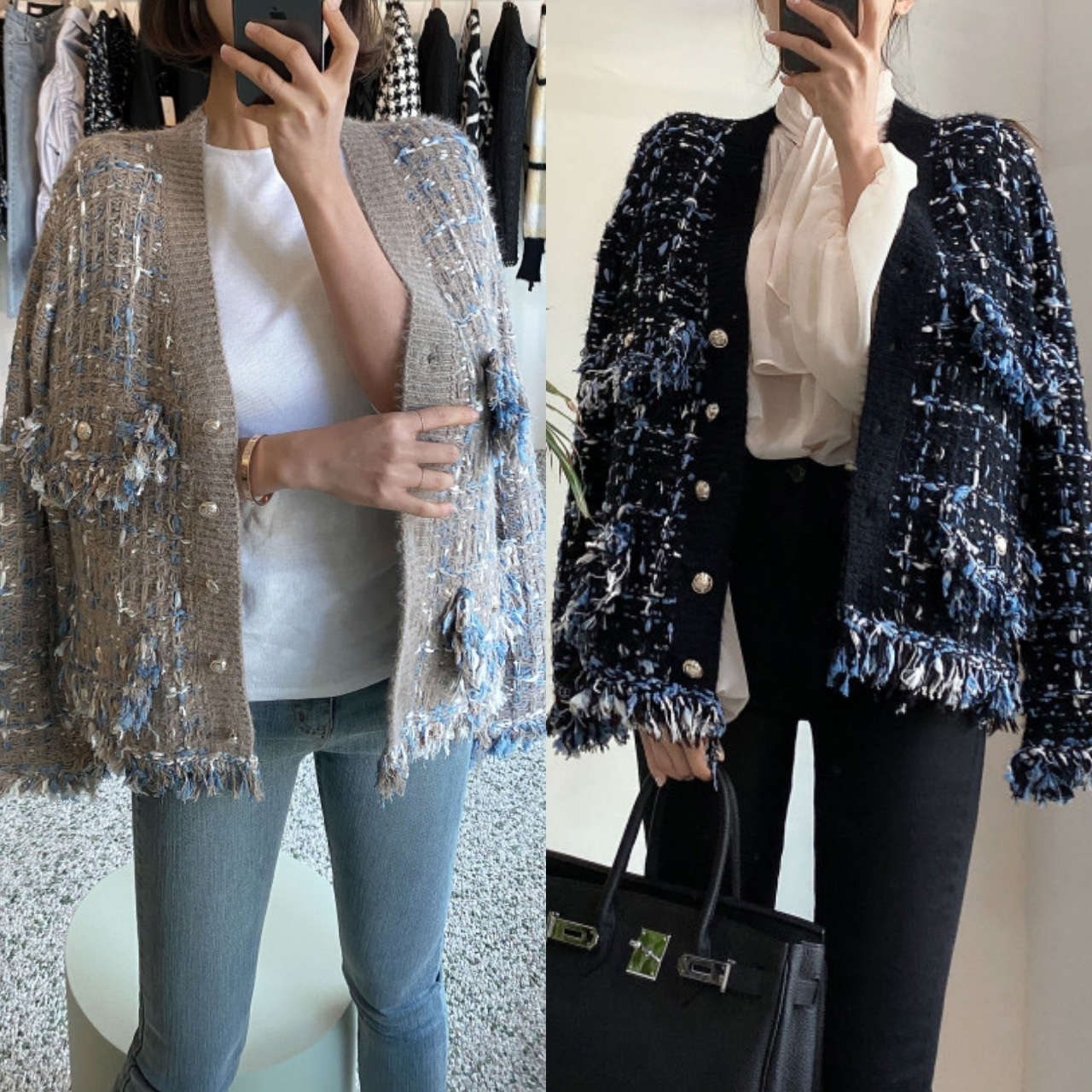 トップス レディース カーディガン ツイード調 韓国 フリンジ ショート丈 ショート 羽織り ニットカーディガン 長袖 Vネック ミックスカラー パールボタン スタイリッシュ 体型カバー 着痩せ