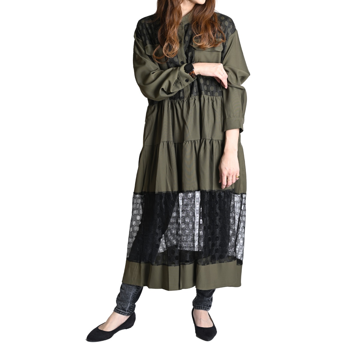 シャツワンピース 長袖 ロング バンドカラー シャツ ワンピース レディース 春 ワンピ きれいめ レース チュール 長袖ワンピース ロングワンピース マキシワンピース ドット 水玉 柄 フレア マキ