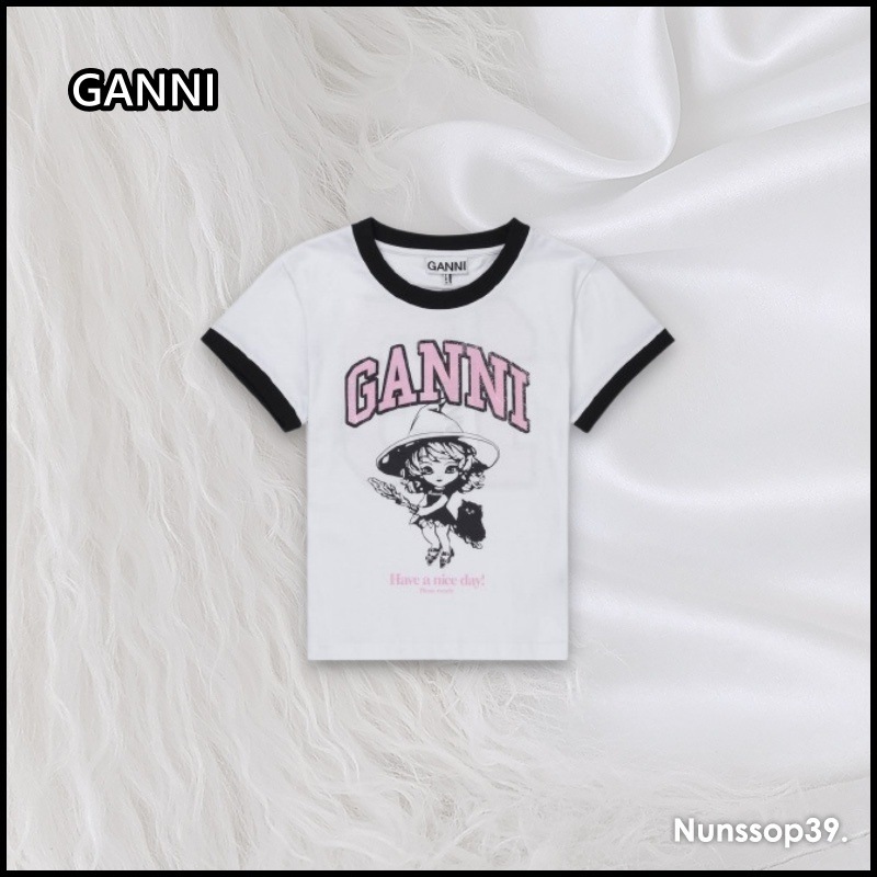 GANNI T4156 151 ロゴ コットン Tシャツ