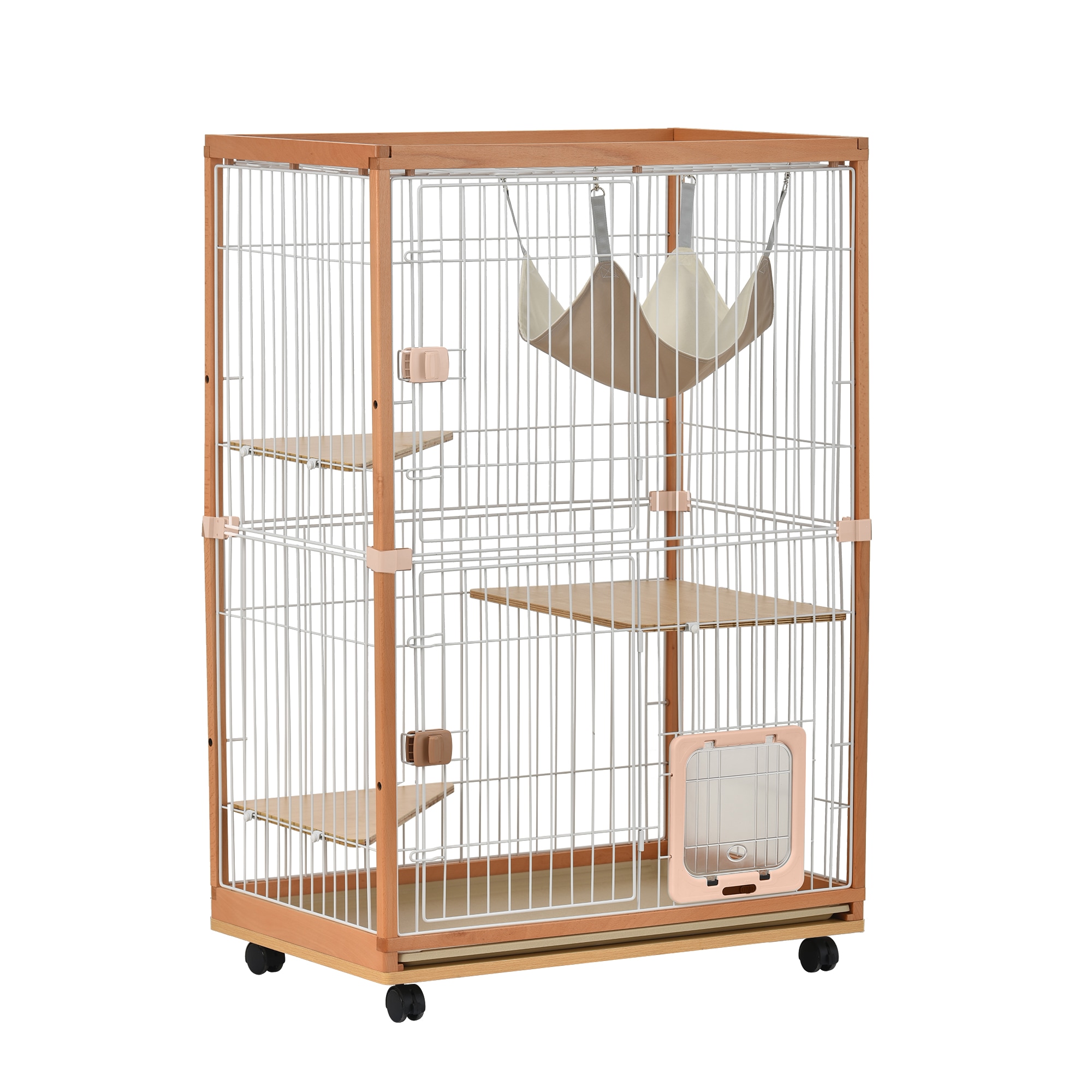 猫 ケージ キャットケージ 2段 木製フレーム ハンモック付 広々 大型 猫ゲージ 高級感 おしゃれ キャットハウス ネコ ハウス 多段 留守番 脱走防止 多頭飼い 多頭 スチール ペットケージGGG