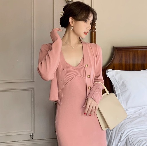 2点セット セットアップ レディース ワンピース ニット カーディガン キャミソール ノースリーブ 長袖 襟なし ボタン 金ボタン リブ ニット かわいい 大人可愛い きれいめ シンプル