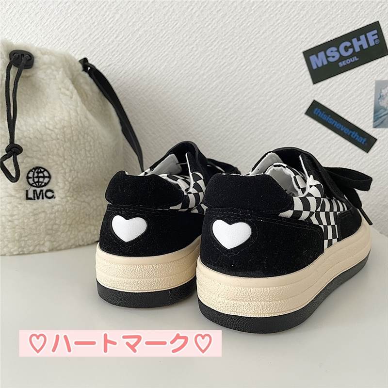 スニーカー スリッポン シューズ レディース ブロックチェック 市松模様 ハート マーク 黒 白 フラット 靴 クツ ローカット 個性的 おしゃれ ブラック ホワイト パターン 模様 スト