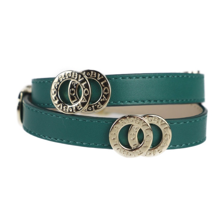 超美品 BVLGARI ブルガリ ブレスレット 285116 ドッピオトンド ダブルコイル ブレスレット ブルガリブルガリ レザー グリーン ゴールド金具 2重ブレス 本物保証 中古