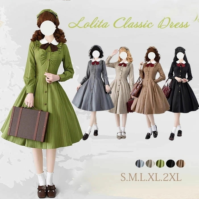 ロリータ ワンピース レディース ロング lolita フレアスカート イギリス風 可愛い 大人 ブラウン ブラック グリーン ベージュ グレー S M L XL 2XL ゴスロリ 日常着 春 フリル