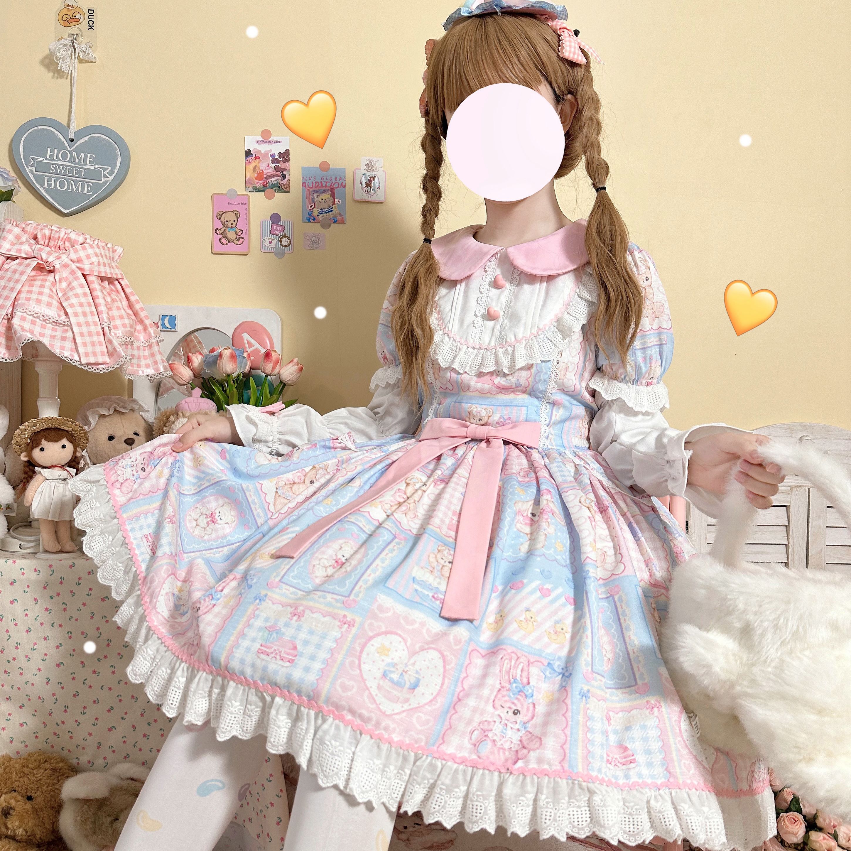 スイートハート ウサギ 熊 オリジナル デザイン ロリータ ワンピース 可愛い 長袖 ドレス レディース