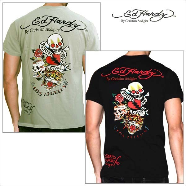 送料無料Ed Hardy　エドハーディー　メンズ ヘンリーネック デス オブ ラブ タイガー Tシャツ　バックプリント