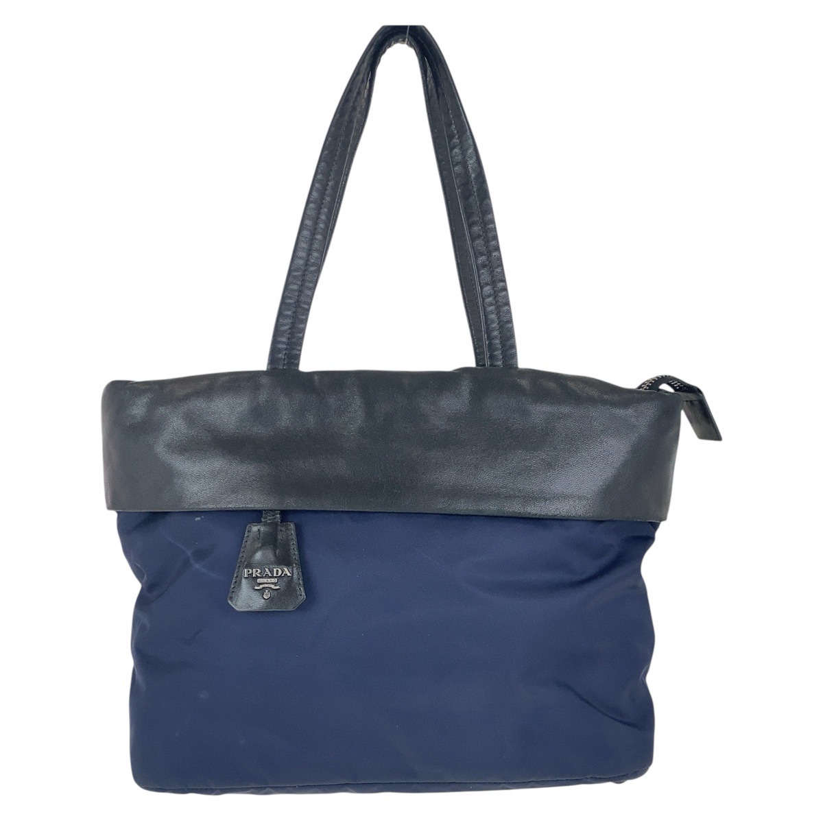 美品✨ PRADA トートバッグ ダークネイビー 三角ロゴプレート ナイロン PRADA（プラダ） 極 美品 三角ロゴ 金具 レザー 本革 テスート