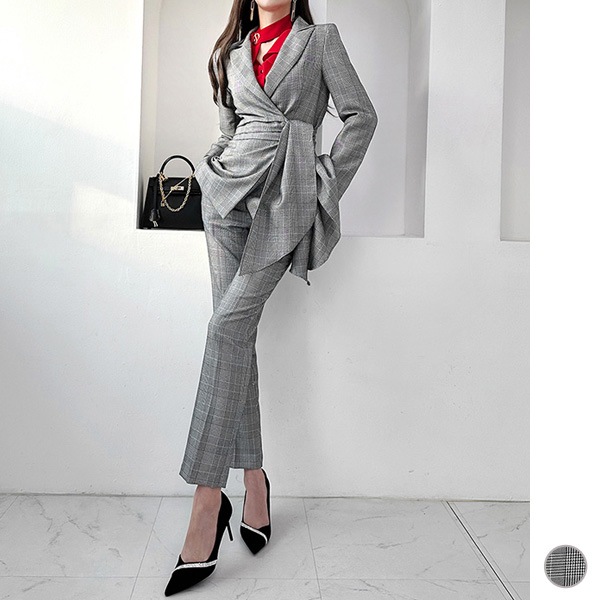 セットアップ レディース グレンチェック スーツ ジャケット パンツ スラックス タイト 上下セット ハイウエスト オフィス 上品 フォーマル 春 秋 韓国 to26916