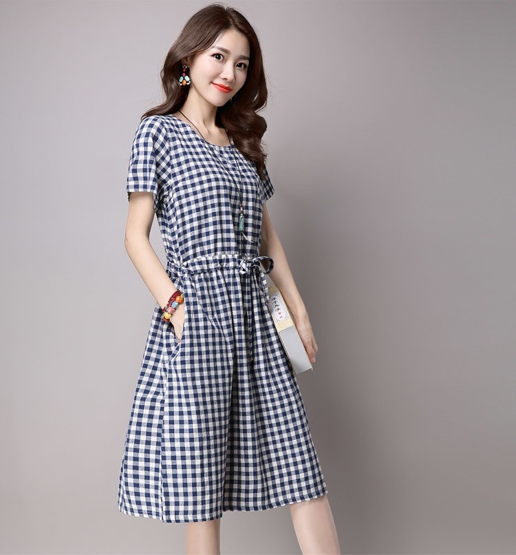 1074．大人可愛いギンガムチェックリネンワンピース（レッド）