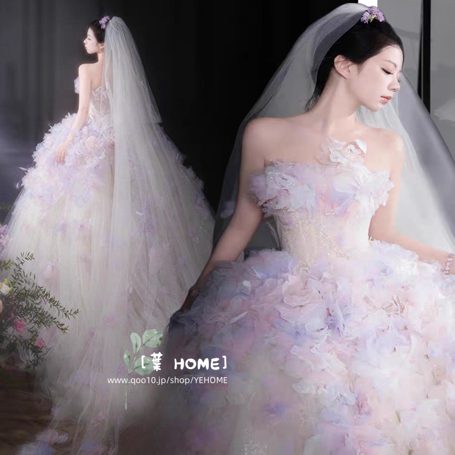 [葉 HOME] 超豪華 ウェディングドレス ピンク ドレス 花嫁 結婚式 立体花 パーティードレス レース カラー オフショルダー 花嫁ロングドレス 結婚式 二次会 お呼ばれ 挙式 姫系